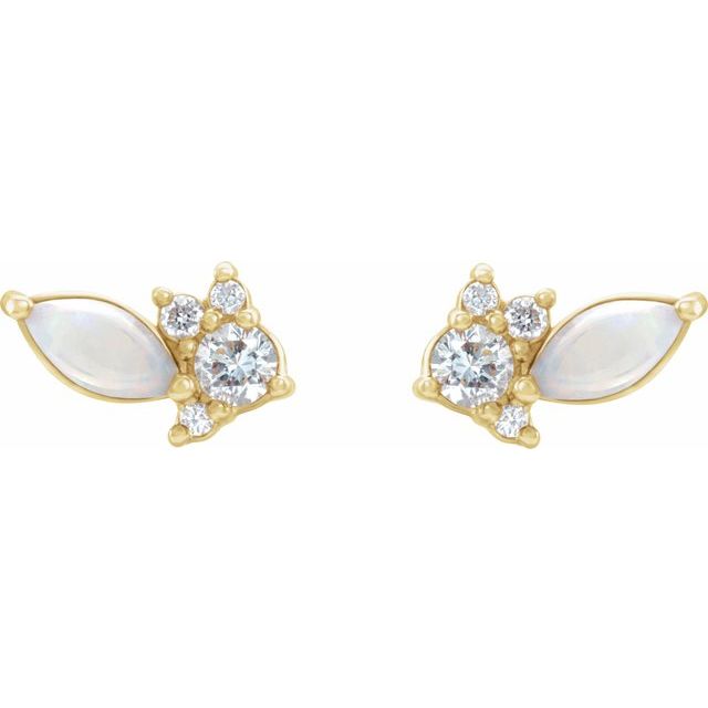 14k Yellow Australian Natural White Opal & 1/6 Ctw Natural Diamond Cluster Earrings