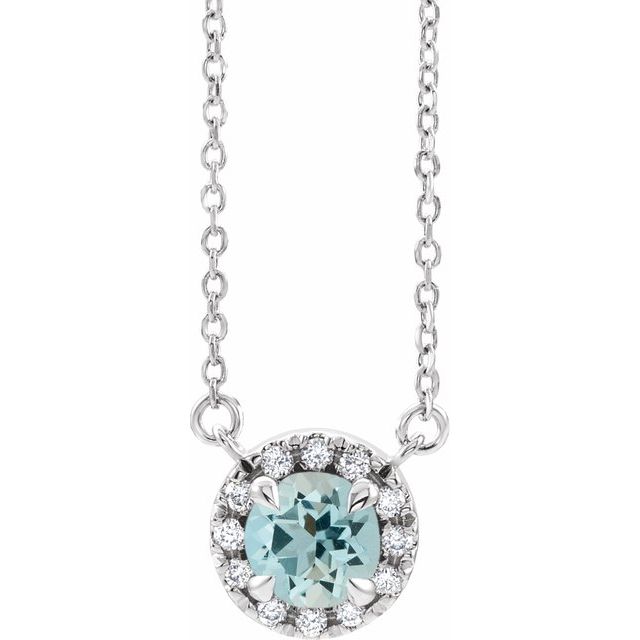 14K White 6.5 mm Natural Aquamarine & 1/6 CTW Natural Diamond 16' Necklace