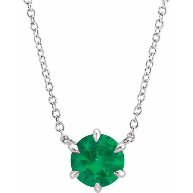 14K White Lab-Grown Emerald Solitaire 18' Necklace