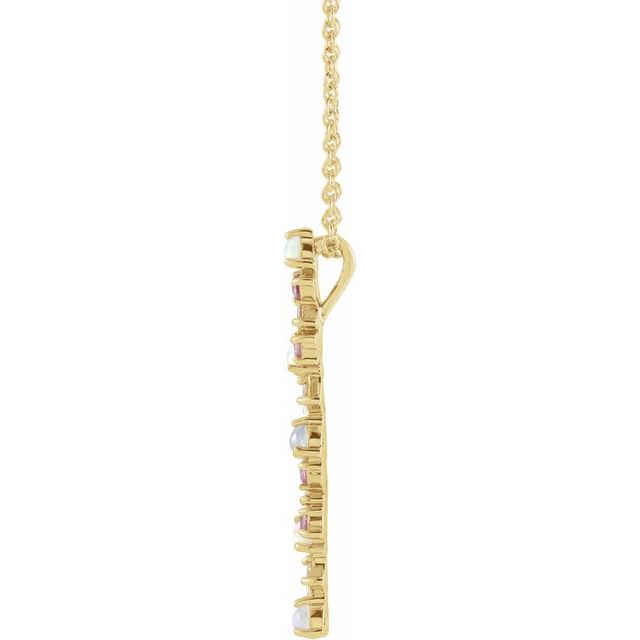 14K Yellow Natural Ethiopian Opals, Natural Pink Sapphires & 1/8 CTW Natural Diamond Scattered Bar 16-18' Necklace
