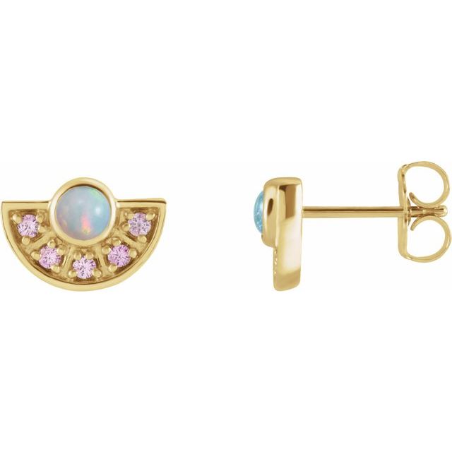 14k Yellow Natural Ethiopian Opal & Natural Pink Sapphire Fan Earrings