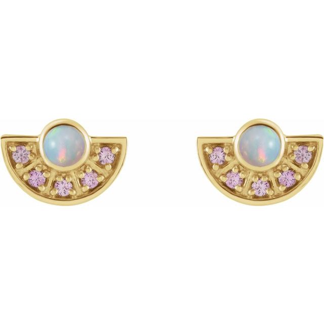 14k Yellow Natural Ethiopian Opal & Natural Pink Sapphire Fan Earrings
