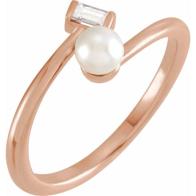 14K Rose Cultured White Akoya Pearl & 1/10 CT Natural Diamond Ring
