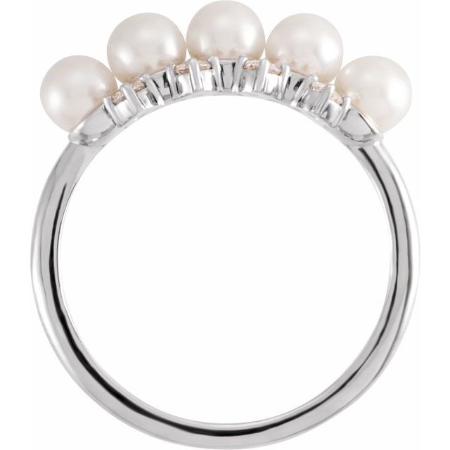 14K White Cultured White Akoya Pearl & 1/8 CTW Natural Diamond Stackable Ring