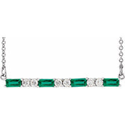 14k White Lab-grown Emerald & 1/6 Ctw Natural Diamond Bar 16-18' Necklace