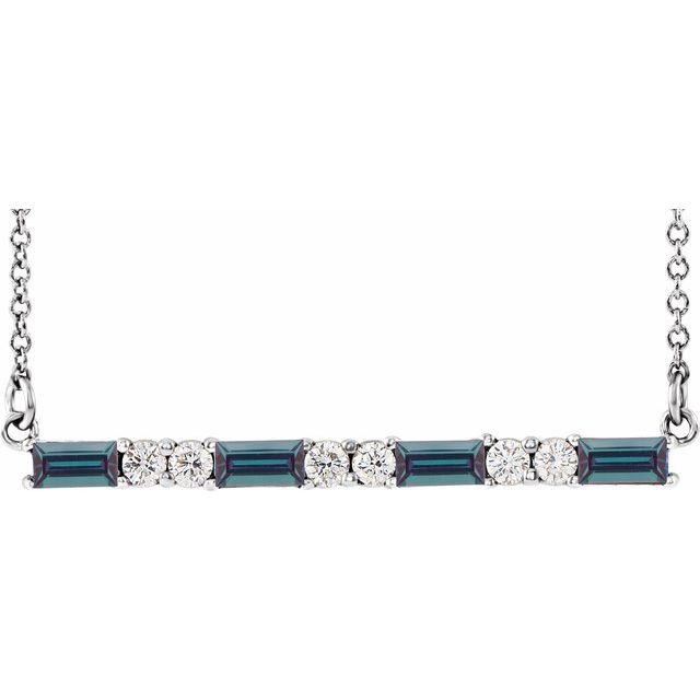 14k White Lab-grown Alexandrite & 1/6 Ctw Natural Diamond Bar 16-18' Necklace