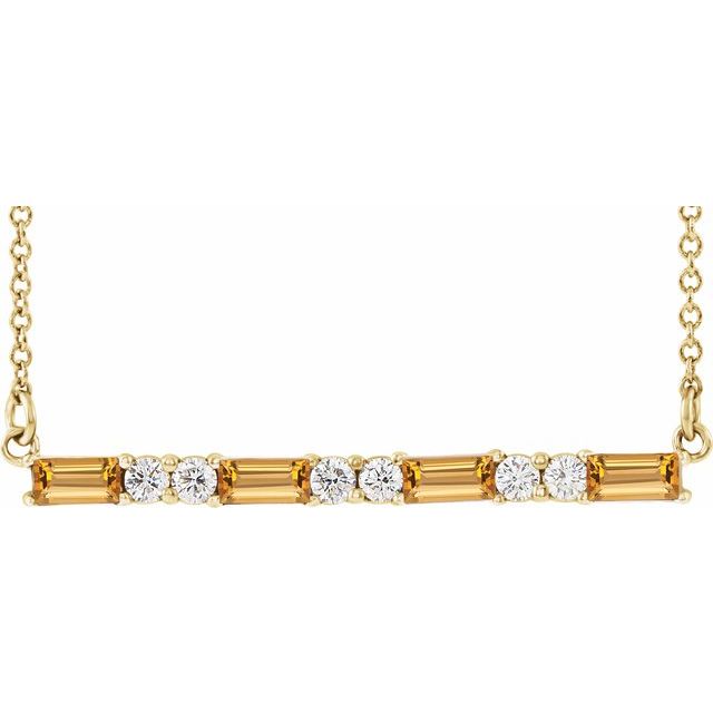 14k Yellow Natural Citrine & 1/6 Ctw Natural Diamond Bar 16-18' Necklace