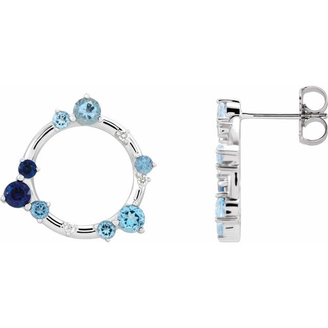 14K White Natural Blue Multi-Gemstone & .03 CTW Natural Diamond Circle Earrings