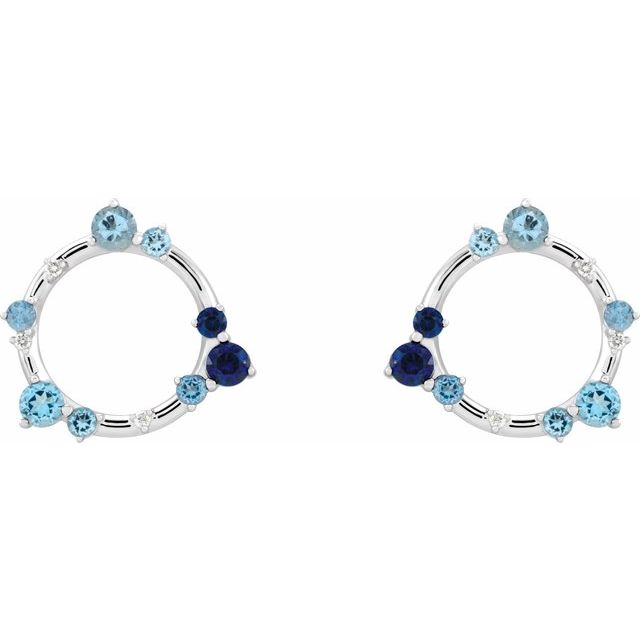 14K White Natural Blue Multi-Gemstone & .03 CTW Natural Diamond Circle Earrings
