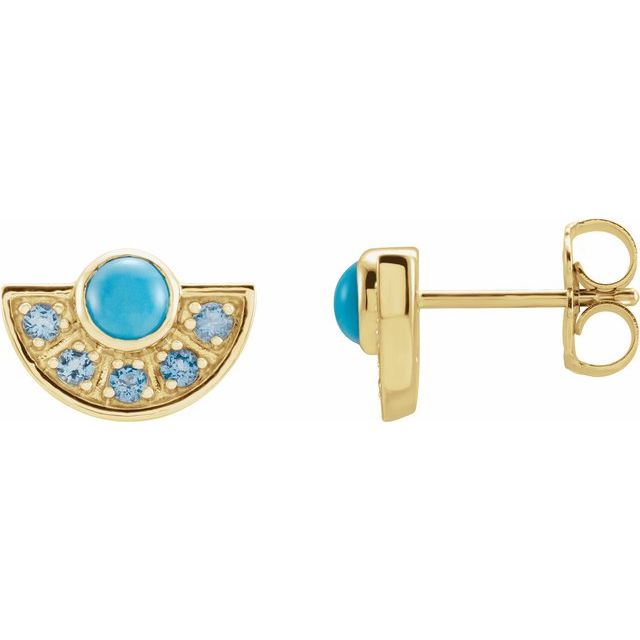 14K Yellow Natural Turquoise & Natural Aquamarine Fan Earrings