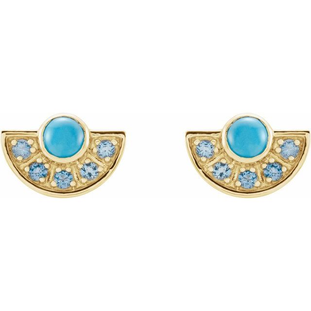14K Yellow Natural Turquoise & Natural Aquamarine Fan Earrings