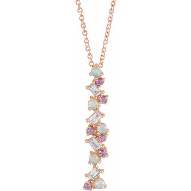 14K Rose Natural Ethiopian Opals, Natural Pink Sapphires & 1/8 CTW Natural Diamond Scattered Bar 16-18' Necklace