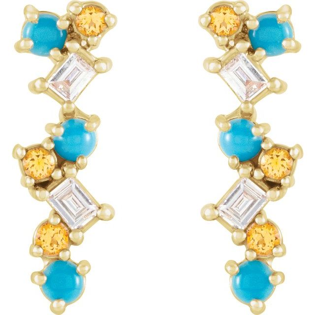 14K Yellow Natural Turquoise, Natural Honey Topaz & 1/10 CTW Natural Diamond Scattered Bar Earrings