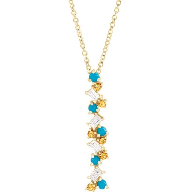 14K Yellow Natural Honey Passion Topaz, Natural Turquoise & 1/8 CTW Natural Diamond Scattered Bar 16-18' Necklace