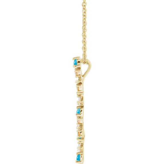 14K Yellow Natural Honey Passion Topaz, Natural Turquoise & 1/8 CTW Natural Diamond Scattered Bar 16-18' Necklace