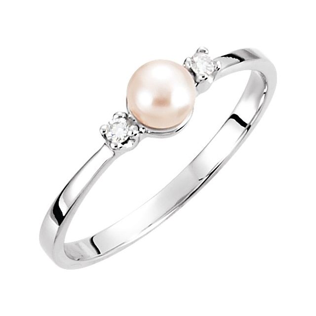14K White Cultured White Akoya Pearl & .04 CTW Natural Diamond Ring