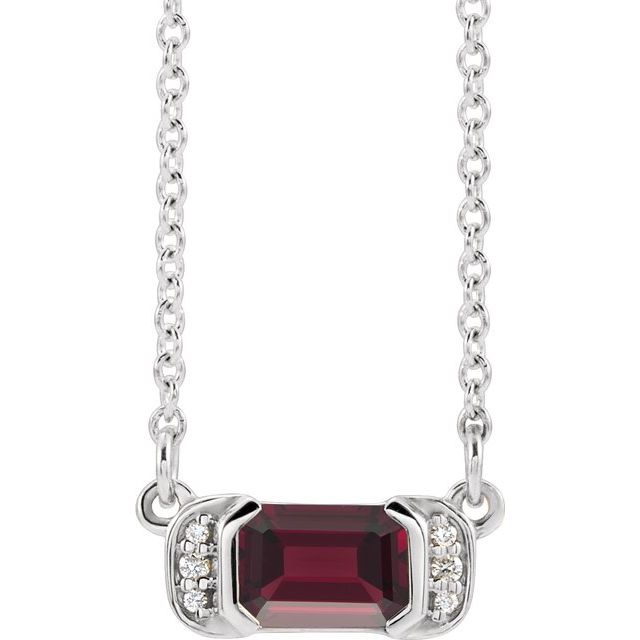14k White Natural Mozambique Garnet & .02 Ctw Natural Diamond Bar 16' Necklace