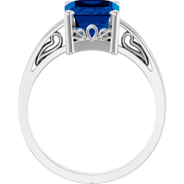 14k White Lab-grown Blue Sapphire Scroll Setting® Ring