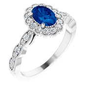 14k White Lab-grown Blue Sapphire & 3/8 Ctw Natural Diamond Ring