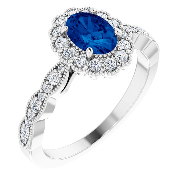 14k White Lab-grown Blue Sapphire & 3/8 Ctw Natural Diamond Ring