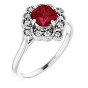 14k White Lab-grown Ruby & .08 Ctw Natural Diamond Ring