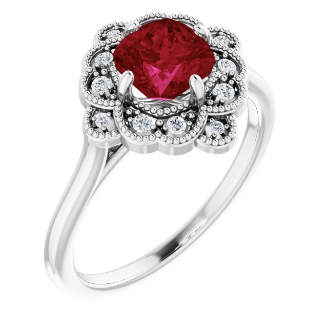14k White Lab-grown Ruby & .08 Ctw Natural Diamond Ring