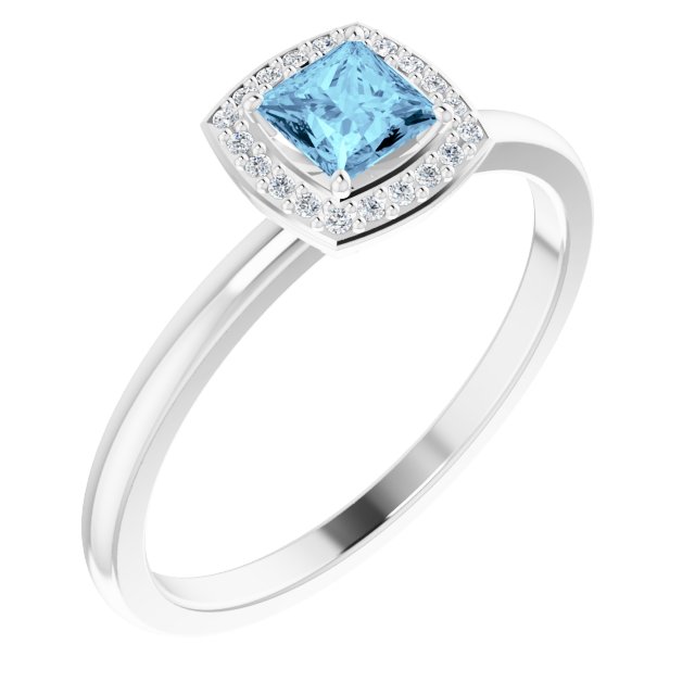14k White Natural Aquamarine & .05 Ctw Natural Diamond Ring