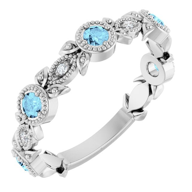 14k White Natural Aquamarine & .03 Ctw Natural Diamond Leaf Ring