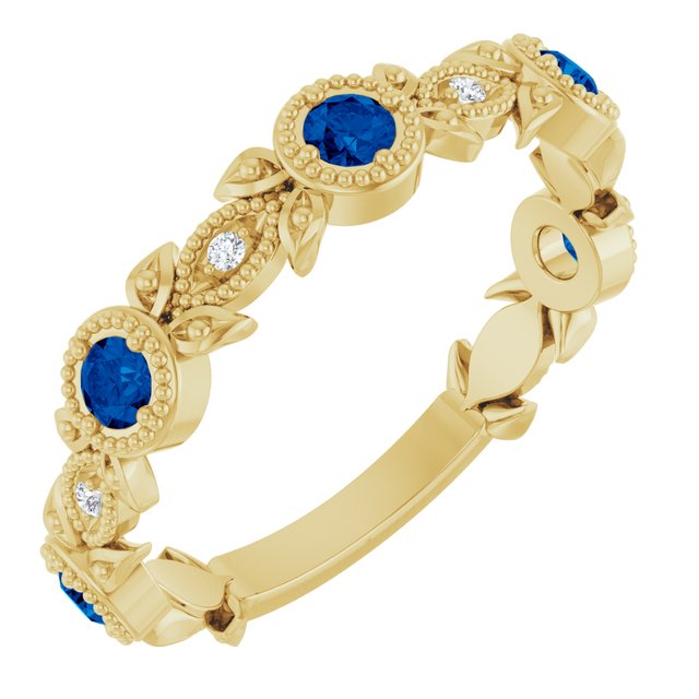 14k Yellow Natural Blue Sapphire & .03 Ctw Natural Diamond Leaf Ring