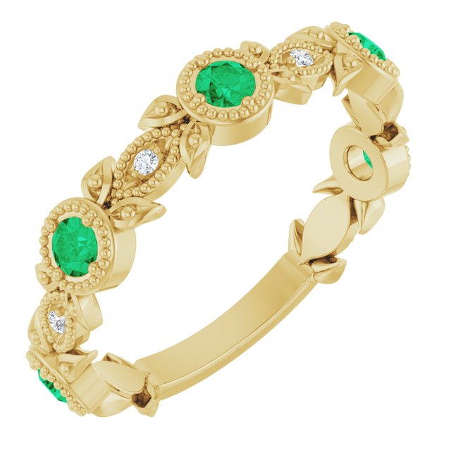 14k Yellow Natural Emerald & .03 Ctw Natural Diamond Leaf Ring