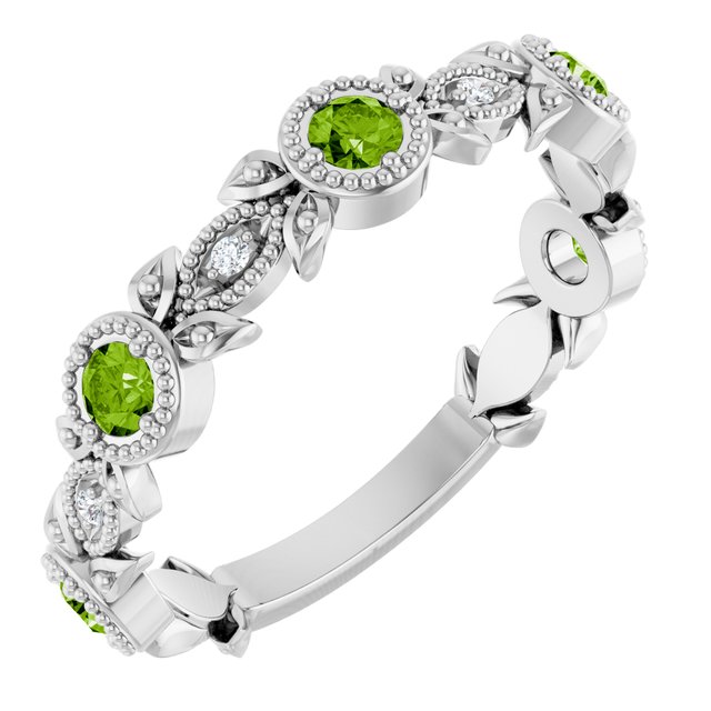 14k White Natural Peridot & .03 Ctw Natural Diamond Leaf Ring