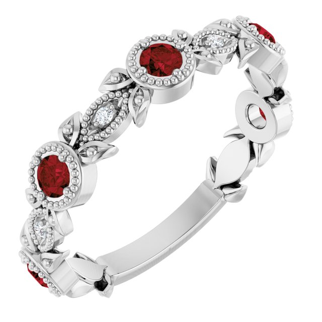 14k White Natural Mozambique Garnet & .03 Ctw Natural Diamond Leaf Ring
