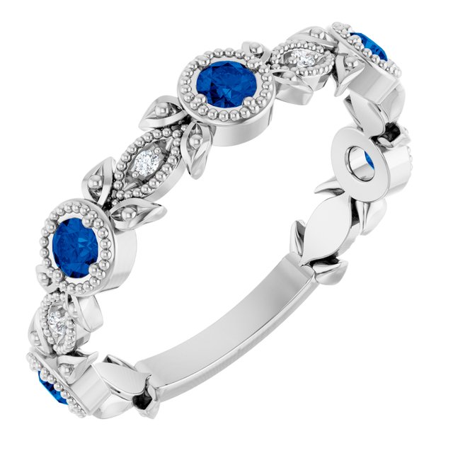 14k White Natural Blue Sapphire & .03 Ctw Natural Diamond Leaf Ring