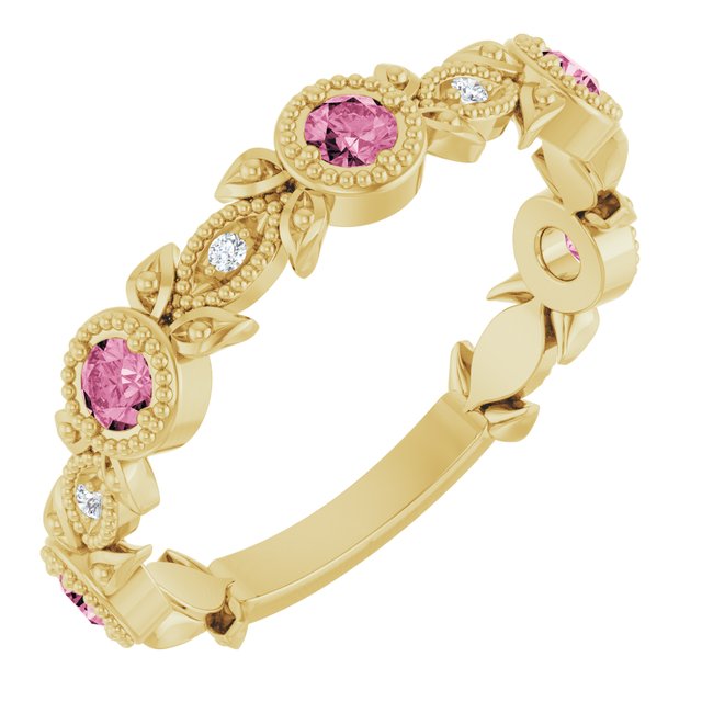 14k Yellow Natural Pink Tourmaline & .03 Ctw Natural Diamond Leaf Ring