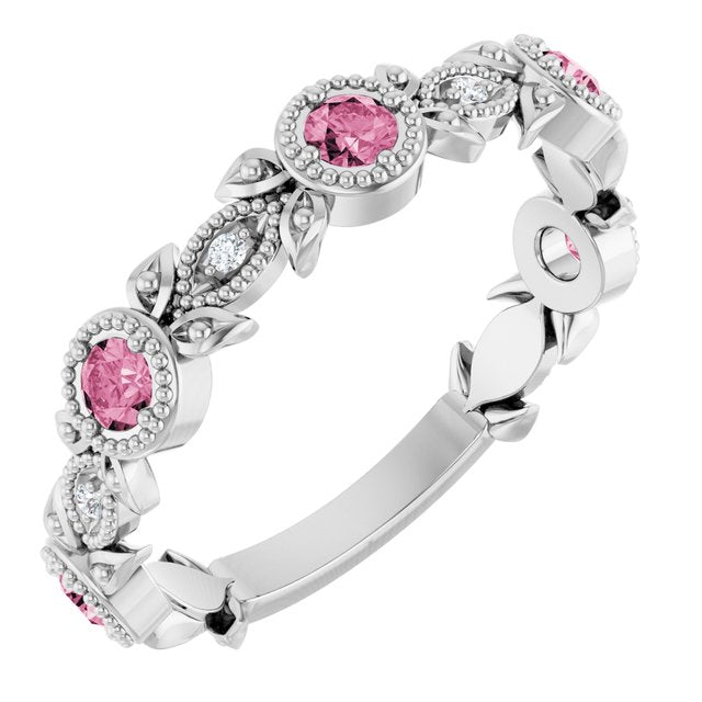 14k White Natural Pink Tourmaline & .03 Ctw Natural Diamond Leaf Ring