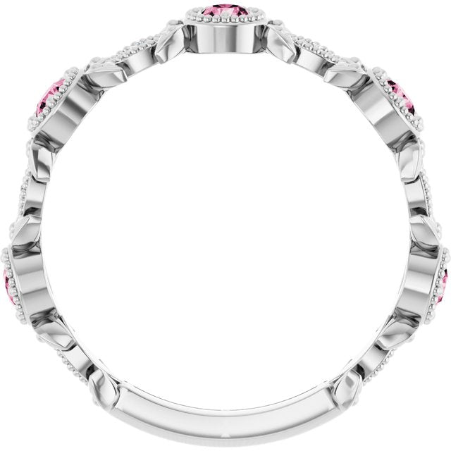 14k White Natural Pink Tourmaline & .03 Ctw Natural Diamond Leaf Ring