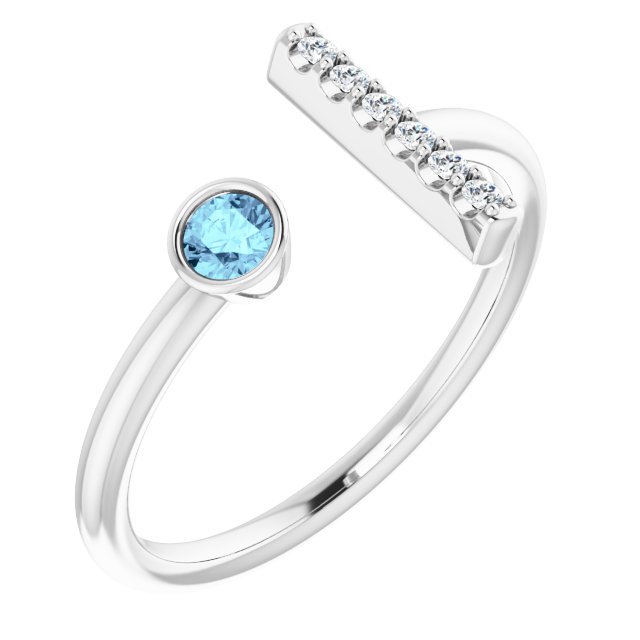 14k White Natural Aquamarine & .05 Ctw Natural Diamond Bar Ring