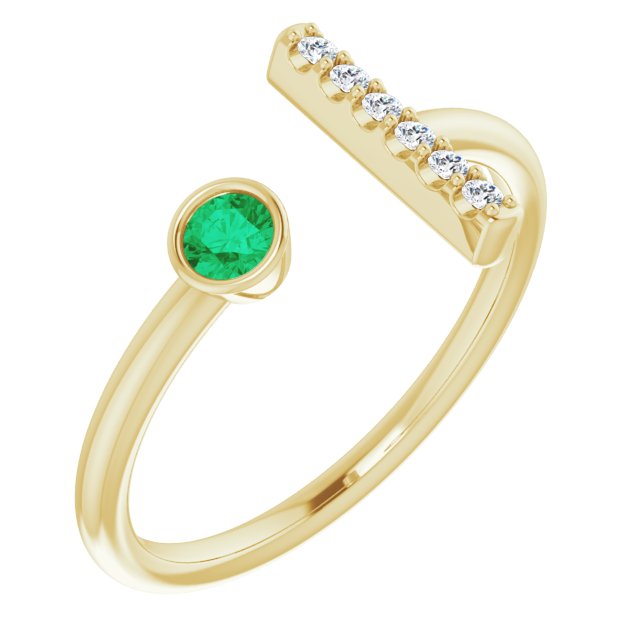 14k Yellow Lab-grown Emerald & .05 Ctw Natural Diamond Bar Ring