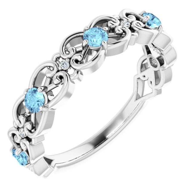 14k White Natural Aquamarine & .02 Ctw Natural Diamond Scroll Ring