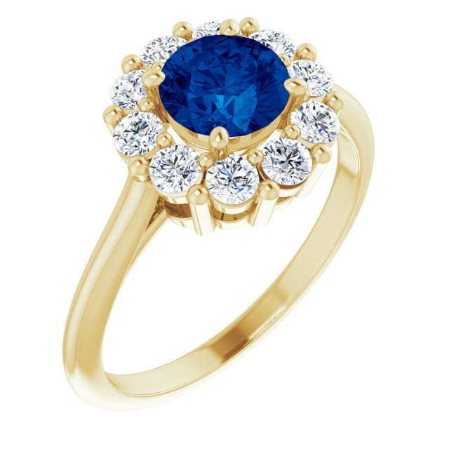 14k Yellow Lab-grown Blue Sapphire & 1/2 Ctw Natural Diamond Ring