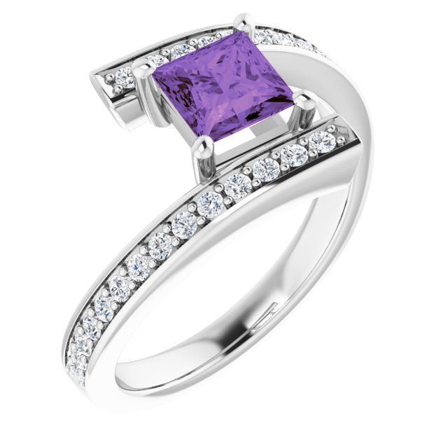 14k White Natural Amethyst & 1/4 Ctw Natural Diamond Ring