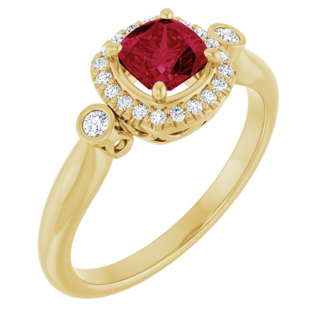 14k Yellow Lab-grown Ruby & 1/6 Ctw Natural Diamond Ring