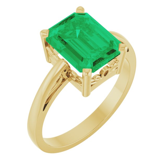 14K Yellow Lab-Grown Emerald Scroll Setting® Ring