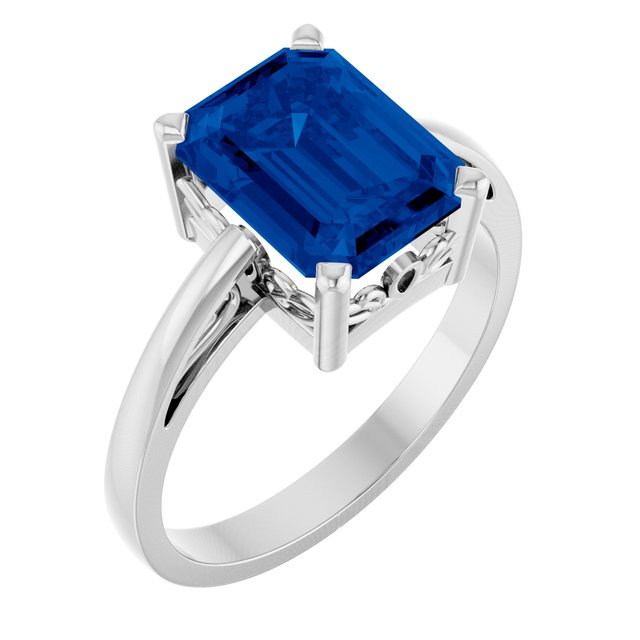 14k White Lab-grown Blue Sapphire Scroll Setting® Ring