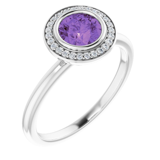 14k White Natural Amethyst & .06 Ctw Natural Diamond Ring