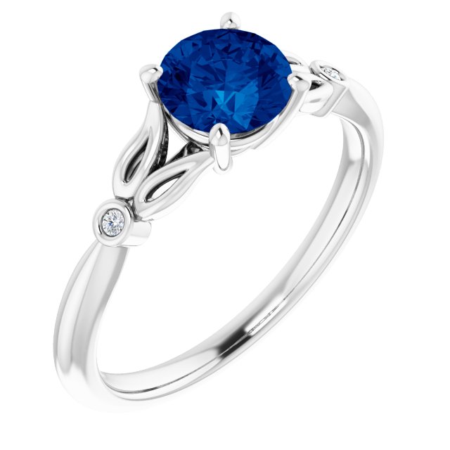 14k White Lab-grown Blue Sapphire & .02 Ctw Natural Diamond Ring