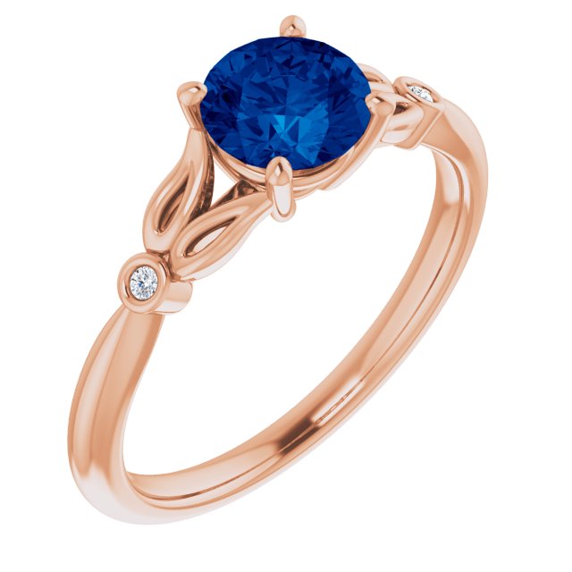 14k Rose Lab-grown Blue Sapphire & .02 Ctw Natural Diamond Ring