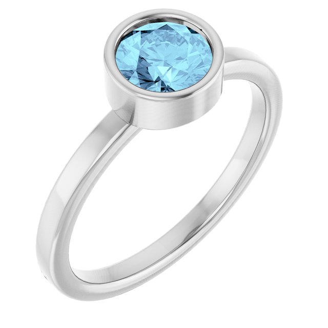 Rhodium-plated Sterling Silver 6 Mm Imitation Aquamarine Ring