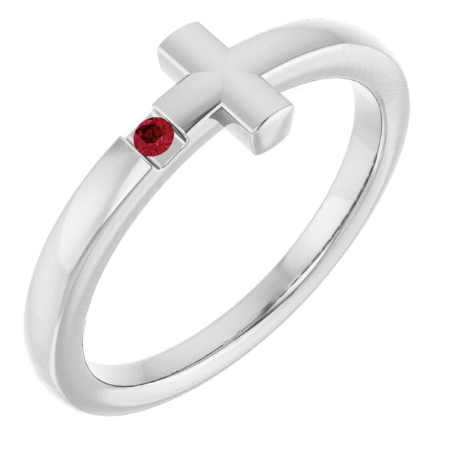 14k White Natural Ruby Youth Sideways Cross Ring