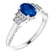 14k White Lab-grown Blue Sapphire & .05 Ctw Natural Diamond Ring
